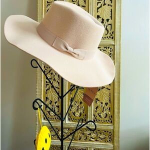 New Beige Tan Wide Brim Felt Fedora Hat Gift Idea Fall Hat Ribbon Bow trim